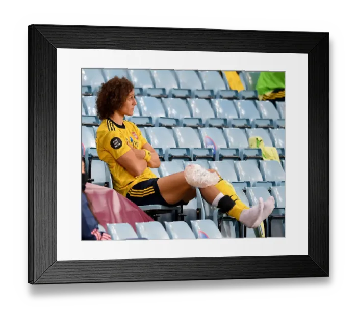 Framed Print : Arsenal's David Luiz Sidelines with Ice Pack on Knee during Aston Villa vs Arsenal (2019-20)
