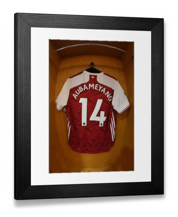 Framed Print : Arsenal FC: Aubameyang's Hanging Jersey in Emirates Stadium Changing Room (Arsenal v Watford 2019-20)