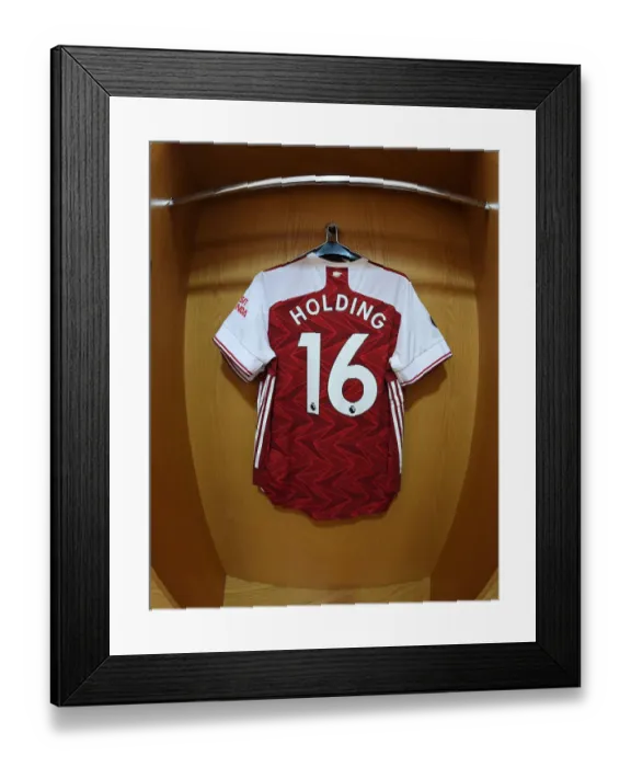 Framed Print : Arsenal FC: Rob Holding's Jersey Hangs in Emirates Stadium Changing Room Ahead of Arsenal v Watford Match