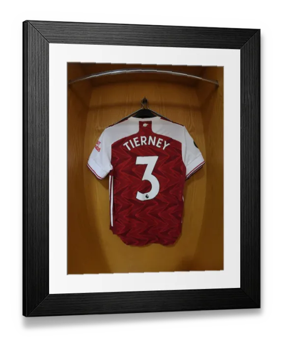 Framed Print : Arsenal FC: Kieran Tierney's Jersey Hangs in Emirates Stadium Changing Room Ahead of Arsenal v Watford Match (2019-20)