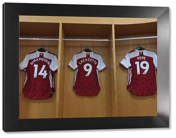 Arsenal's Strikers: Aubameyang, Lacazette, Pepe - Arsenal FC Home Changing Room Before Arsenal v Watford (2019-20)