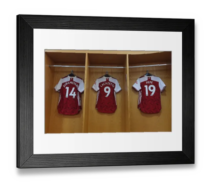 Framed Print : Arsenal FC Strikers: Aubameyang, Lacazette, Pepe - United Pre-Match Huddle in Arsenal Changing Room (2019-20)