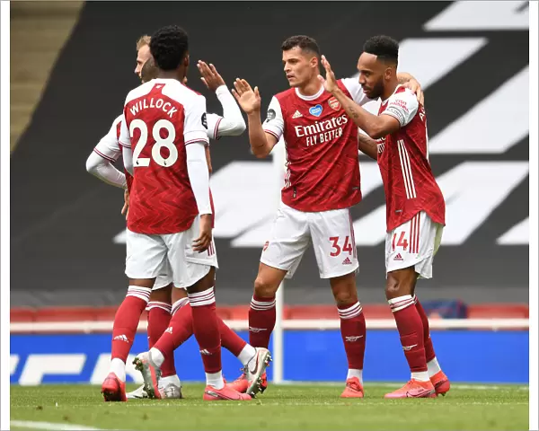 Arsenal's Aubameyang, Willock, and Xhaka Celebrate Goals Against Watford (2019-20)