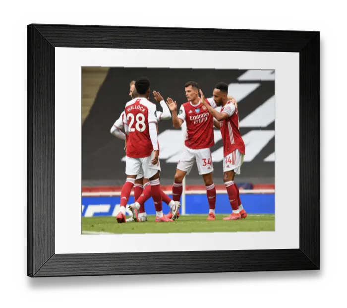 Framed Print : Arsenal's Aubameyang, Willock, and Xhaka Celebrate Goals Against Watford (2019-20) Framed Print : Arsenal's Aubameyang, Willock, and Xhaka Celebrate Goals Against Watford (2019-20)