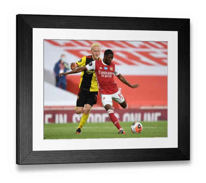 Framed Print : Arsenal's Maitland-Niles Outmaneuvers Watford's Hughes in Premier League Clash