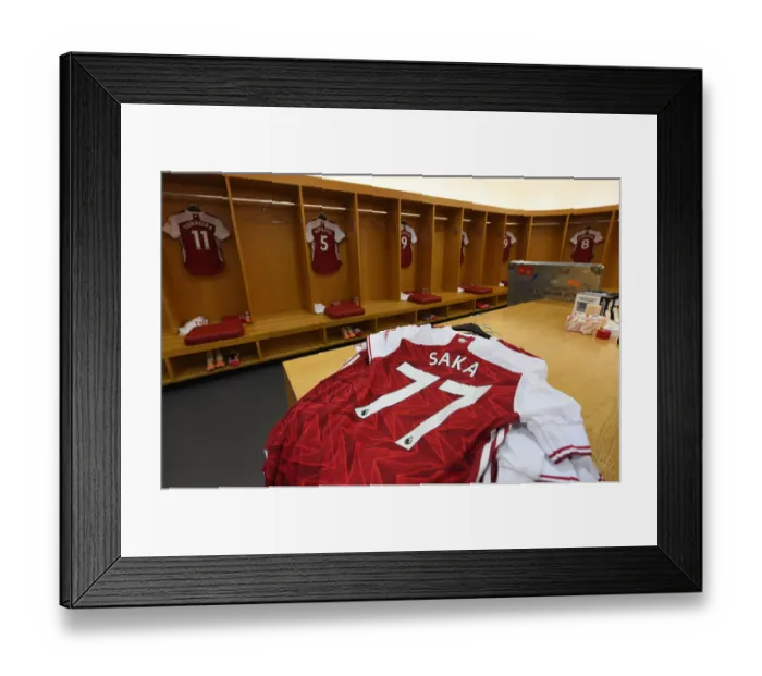 Framed Print : Arsenal FC: Bukayo Saka's Home Jersey in Emirates Stadium Changing Room (Arsenal v Watford, 2019-20)