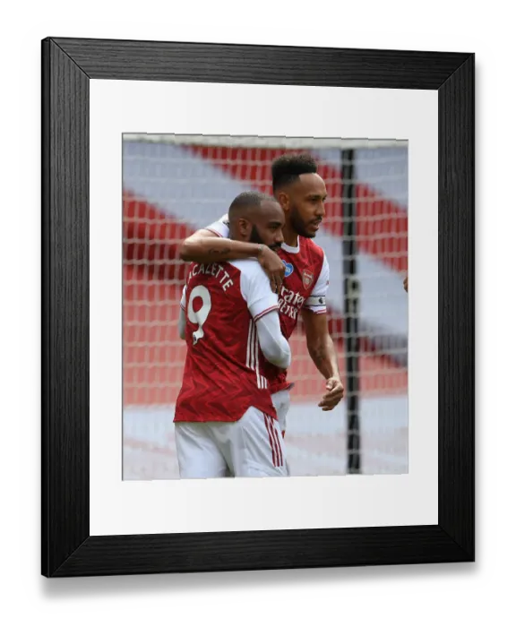 Framed Print : Arsenal's Aubameyang and Lacazette Celebrate Goal Against Watford (2019-20) Framed Print : Arsenal's Aubameyang and Lacazette Celebrate Goal Against Watford (2019-20)