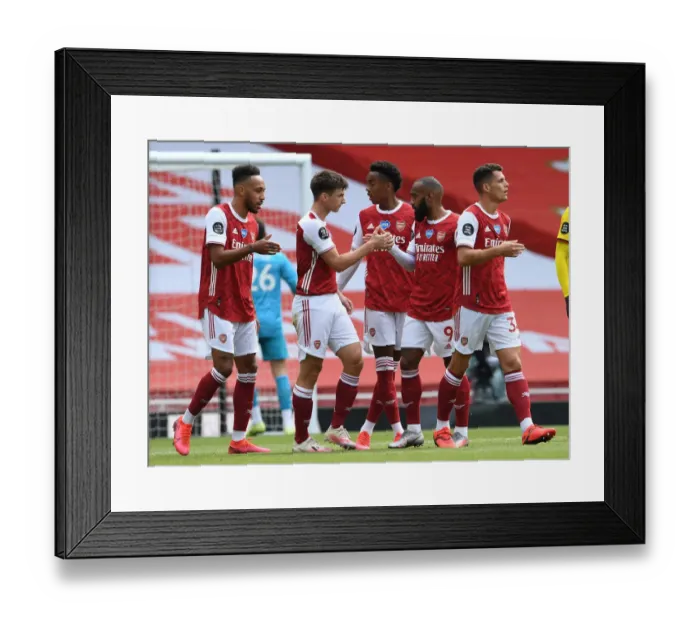 Framed Print : Arsenal's Tierney and Lacazette Celebrate Goal Against Watford (2019-20)