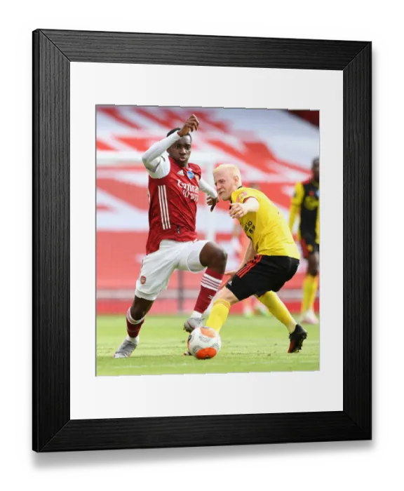 Framed Print : Arsenal's Eddie Nketiah Clashes with Watford's Will Hughes in Premier League Showdown Framed Print : Arsenal's Eddie Nketiah Clashes with Watford's Will Hughes in Premier League Showdown