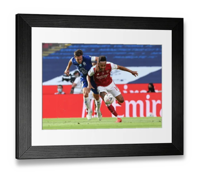 Framed Print : Empty FA Cup Final: Aubameyang Fouls by Azpilicueta at Ghostly Wembley (Arsenal vs. Chelsea, 2020)