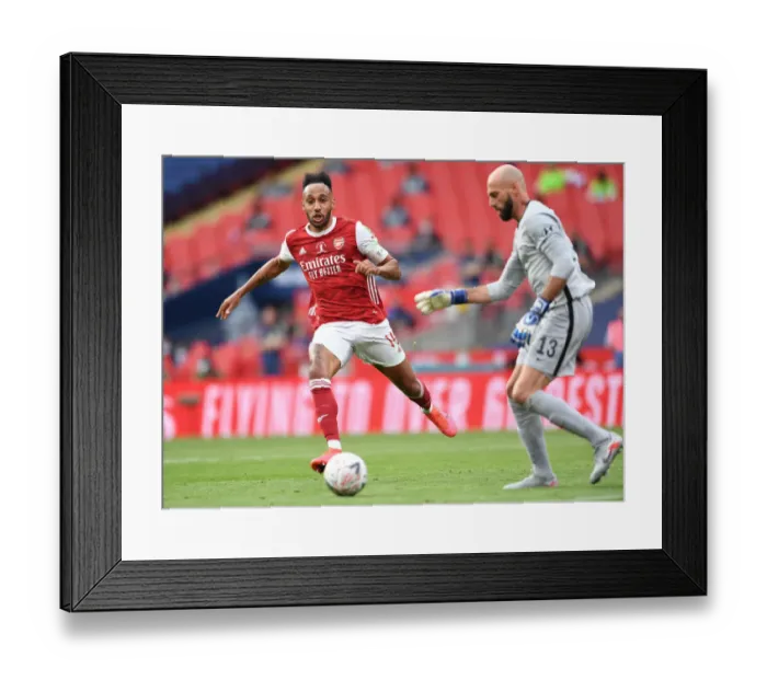 Framed Print : Arsenal's Aubameyang Clashes with Chelsea's Caballero in Empty FA Cup Final