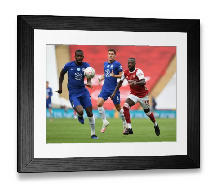 Framed Print : Empty Wembley Showdown: Pepe vs. Rudiger - Arsenal vs. Chelsea FA Cup Final (2020)