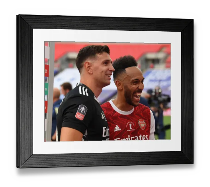 Framed Print : Arsenal's Emi Martinez and Pierre-Emerick Aubameyang Celebrate FA Cup Victory Amidst Empty Wembley Stadium