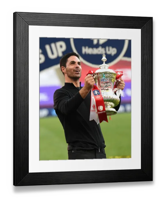Framed Print : Arsenal's Mikel Arteta Lifts Empty FA Cup After Arsenal vs. Chelsea Final (2020)