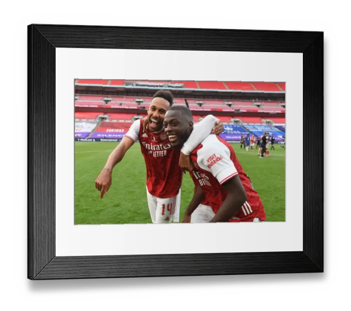 Framed Print : Arsenal's Aubameyang and Pepe Celebrate FA Cup Victory Over Chelsea in Empty Wembley