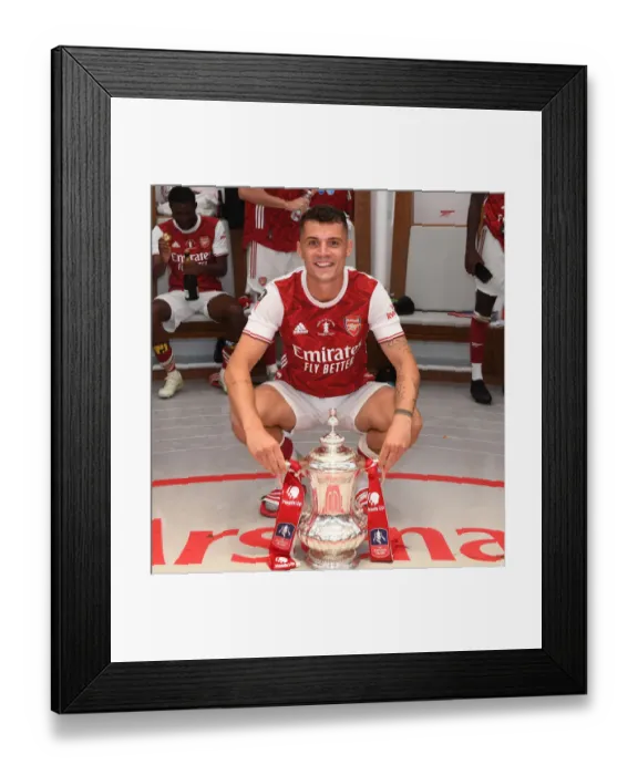 Framed Print : Arsenal's Granit Xhaka Celebrates FA Cup Victory: Arsenal v Chelsea, FA Cup Final 2020 (Empty Wembley Stadium)