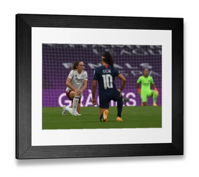 Framed Print : Arsenal vs Paris Saint-Germain: Lisa Evans Kneels in Solidarity at 2020 UEFA Women's Champions League Quarterfinal