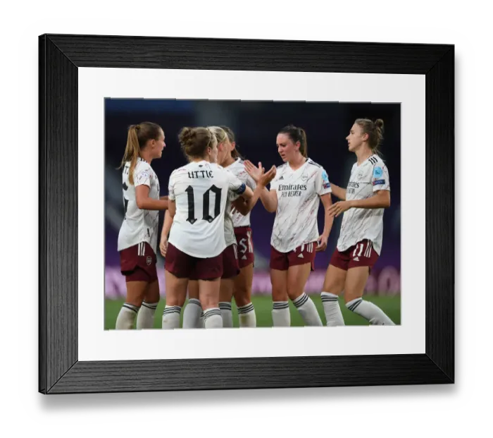 Framed Print : Arsenal Women's Champions League Triumph: Kim Little and Lisa Evans Celebrate Goal Against Paris Saint-Germain