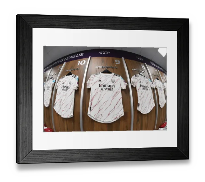 Framed Print : Arsenal Women's Champions League Quarterfinal: Match Shirts in Arsenal Dressing Room vs Paris Saint-Germain
