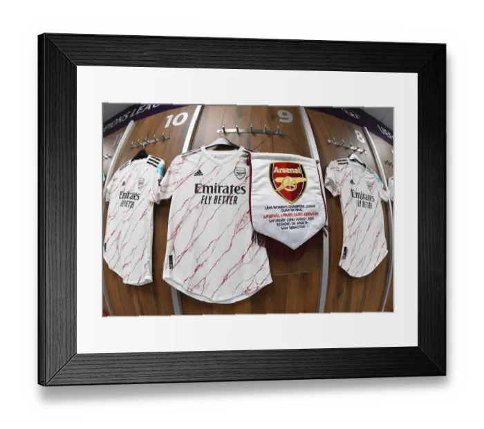 Framed Print : Arsenal Women's Champions League Quarterfinal: Match Shirts in Arsenal Dressing Room vs Paris Saint-Germain Framed Print : Arsenal Women's Champions League Quarterfinal: Match Shirts in Arsenal Dressing Room vs Paris Saint-Germain
