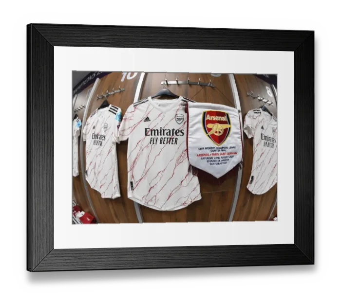 Framed Print : Arsenal Women vs Paris Saint-Germain: Quarterfinal Match Shirts in Changing Room - UEFA Women's Champions League