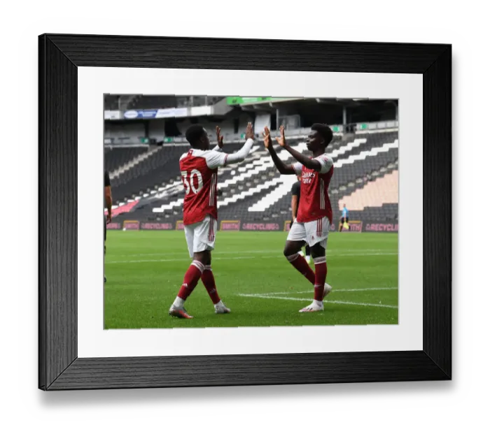 Framed Print : Arsenal's Eddie Nketiah and Bukayo Saka Celebrate Goals in MK Dons Friendly, 2020 Framed Print : Arsenal's Eddie Nketiah and Bukayo Saka Celebrate Goals in MK Dons Friendly, 2020