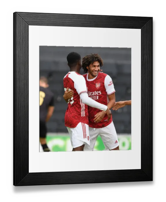 Framed Print : Arsenal's Elneny and Nketiah Celebrate First Goal in MK Dons Friendly, 2020