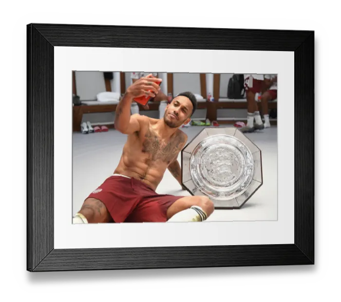 Framed Print : Arsenal's Aubameyang Celebrates FA Community Shield Victory over Liverpool Framed Print : Arsenal's Aubameyang Celebrates FA Community Shield Victory over Liverpool
