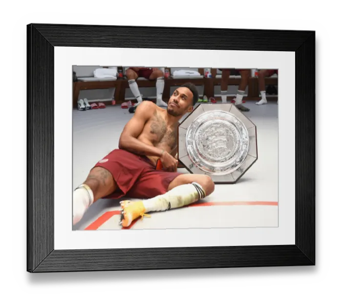 Framed Print : Arsenal's Aubameyang Celebrates FA Community Shield Victory over Liverpool Framed Print : Arsenal's Aubameyang Celebrates FA Community Shield Victory over Liverpool