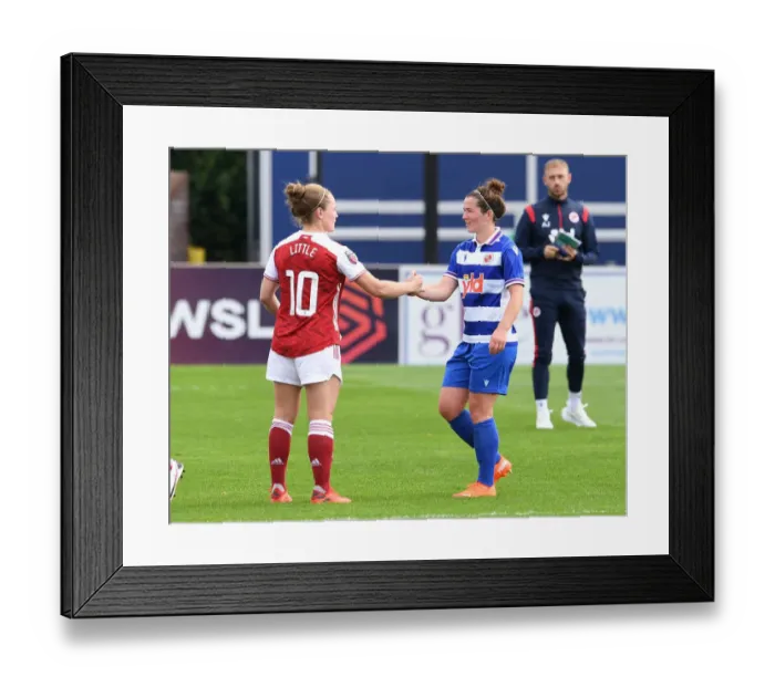 Framed Print : Arsenal Women vs Reading Women: Kim Little and Emma Mitchell Share a Moment After FA WSL Match Framed Print : Arsenal Women vs Reading Women: Kim Little and Emma Mitchell Share a Moment After FA WSL Match