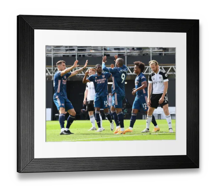 Framed Print : Alexandre Lacazette's Goal Celebration with Xhaka and Willian: Fulham vs. Arsenal, Premier League 2020-21