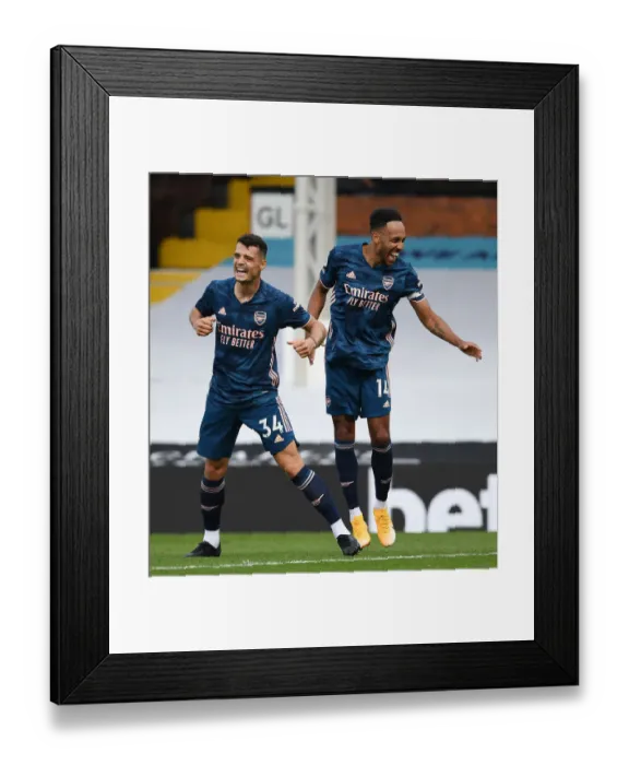 Framed Print : Aubameyang and Xhaka Celebrate Arsenal's Third Goal vs Fulham (2020-21)