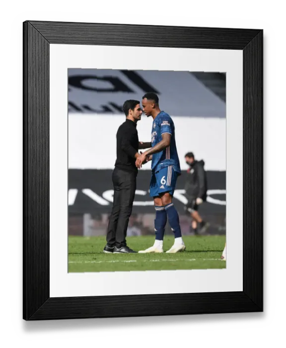 Framed Print : Arsenal Manager Mikel Arteta Consoles Defender Gabriel after Fulham vs Arsenal Match, 2020-21 Premier League Framed Print : Arsenal Manager Mikel Arteta Consoles Defender Gabriel after Fulham vs Arsenal Match, 2020-21 Premier League