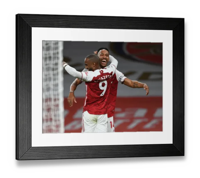 Framed Print : Arsenal: Lacazette and Aubameyang Celebrate Goal Against West Ham United (2020-21) Framed Print : Arsenal: Lacazette and Aubameyang Celebrate Goal Against West Ham United (2020-21)
