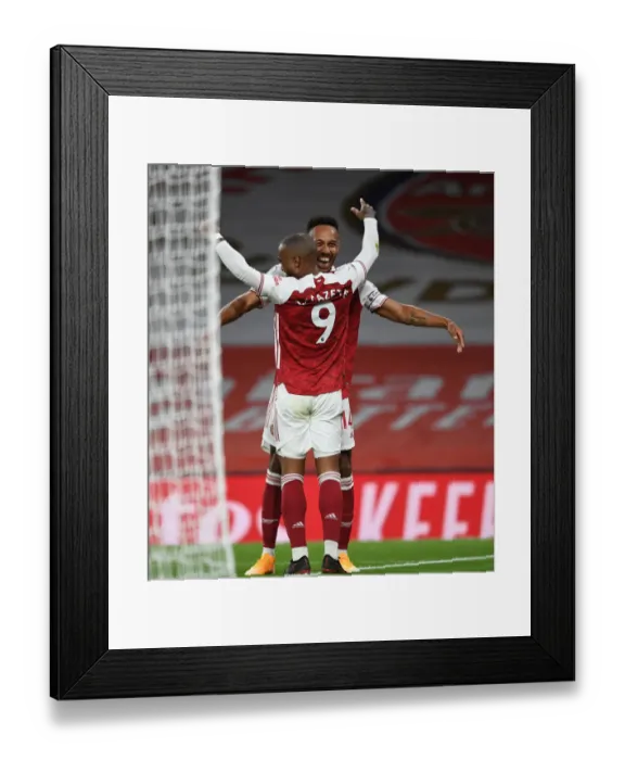 Framed Print : Arsenal's Lacazette and Aubameyang Celebrate Goal Against West Ham in Premier League (2020-21)