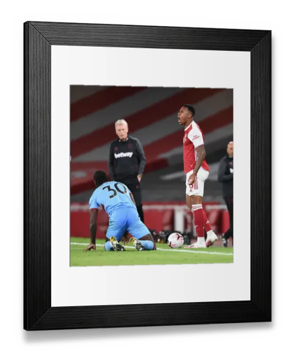 Framed Print : Arsenal's Gabriel Protests Referee's Call Against West Ham's Antonio (2020-21)