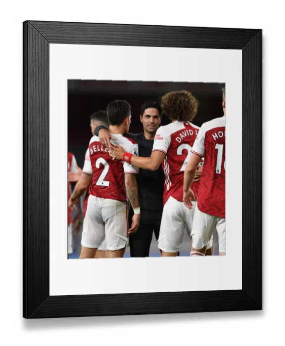 Framed Print : Arsenal's Victory: Arteta Embraces Bellerin and Luiz After Arsenal v West Ham United (2020-21)
