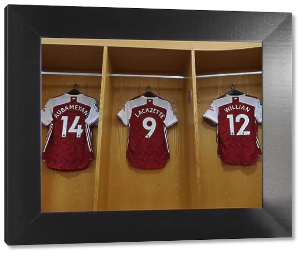Arsenal's Strikers: Aubameyang, Lacazette, and Willian's Jerseys in the Changing Room (Arsenal v West Ham United, 2020-21)