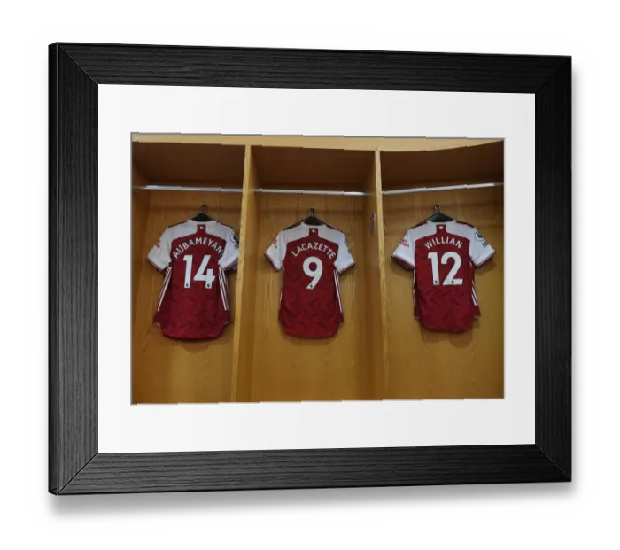 Framed Print : Arsenal's Strikers: Aubameyang, Lacazette, and Willian's Jerseys in the Changing Room (Arsenal v West Ham United, 2020-21)