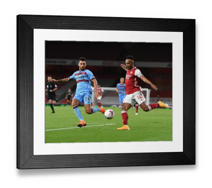 Framed Print : Arsenal's Aubameyang Faces Off Against West Ham's Fredericks in 2020-21 Premier League Clash