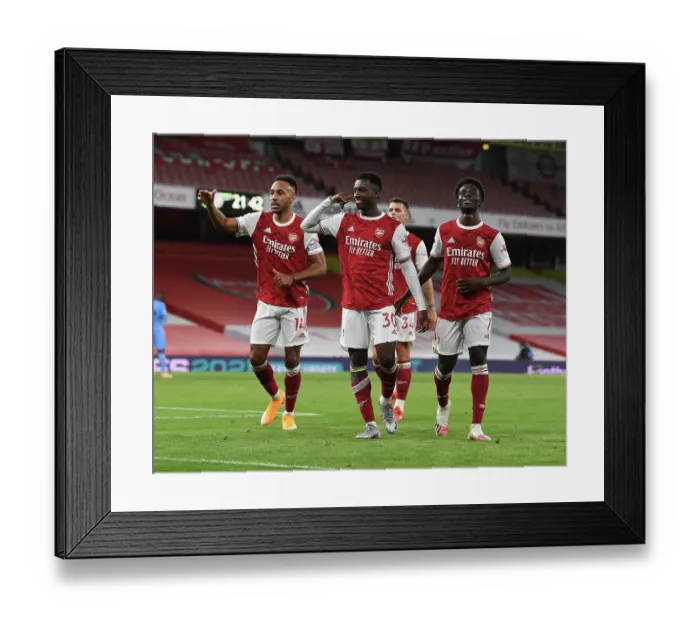 Framed Print : Arsenal's Eddie Nketiah, Aubameyang, and Saka Celebrate Goals Against West Ham United (2020-21)