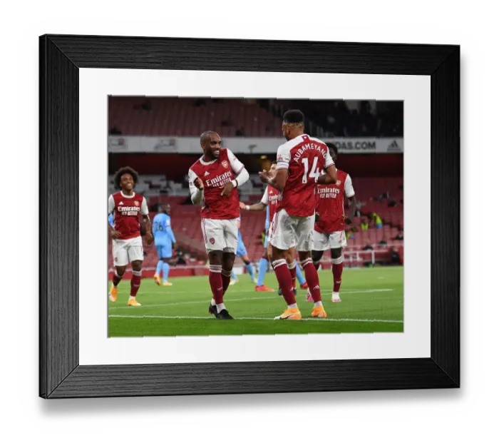 Framed Print : Arsenal's Lacazette and Aubameyang Celebrate Goal Against West Ham United (2020-21)