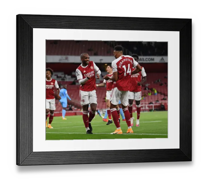 Framed Print : Arsenal's Lacazette and Aubameyang Celebrate Goal Against West Ham United (2020-21) Framed Print : Arsenal's Lacazette and Aubameyang Celebrate Goal Against West Ham United (2020-21)