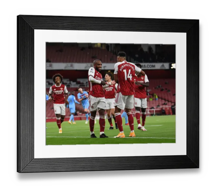 Framed Print : Arsenal's Lacazette and Aubameyang: Celebrating a Goal Against West Ham United (2020-21) Framed Print : Arsenal's Lacazette and Aubameyang: Celebrating a Goal Against West Ham United (2020-21)