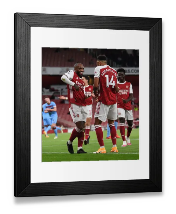 Framed Print : Arsenal's Lacazette and Aubameyang: Celebrating a Goal Against West Ham United (2020-21)