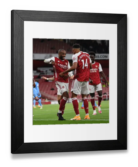 Framed Print : Arsenal's Lacazette and Aubameyang Celebrate Goal Against West Ham United (2020-21)