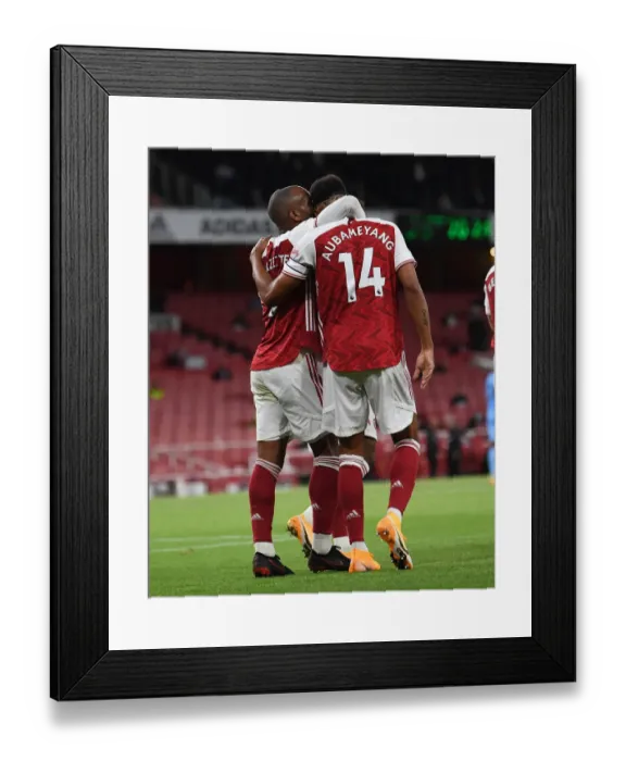 Framed Print : Arsenal's Lacazette and Aubameyang Celebrate Goal Against West Ham United (2020-21) Framed Print : Arsenal's Lacazette and Aubameyang Celebrate Goal Against West Ham United (2020-21)