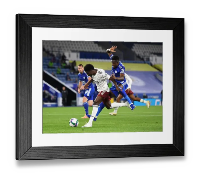Framed Print : Bukayo Saka Foul by Amartey: Leicester vs. Arsenal Carabao Cup Clash