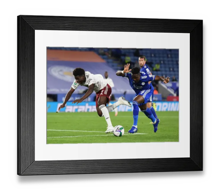 Framed Print : Leicester vs Arsenal: Bukayo Saka Fouled by Amartey in Carabao Cup Clash Framed Print : Leicester vs Arsenal: Bukayo Saka Fouled by Amartey in Carabao Cup Clash