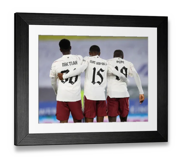 Framed Print : Arsenal Celebrates First Goal: Nketiah, Maitland-Niles, Pepe Rejoice After Scoring Against Leicester City in Carabao Cup 2020-21